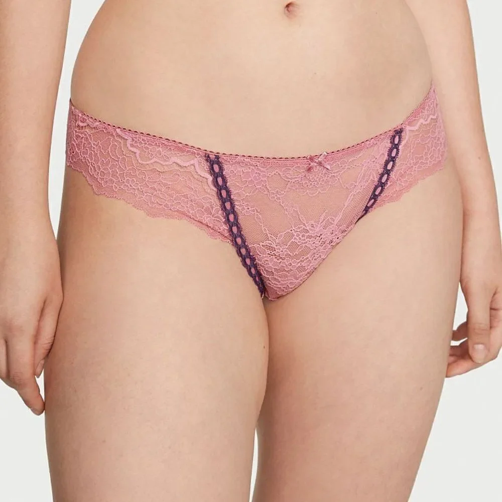 NWT Victoria’s Secret Ribbon Slot Lace Thong Panty Pink Dusk Mauve Size Medium